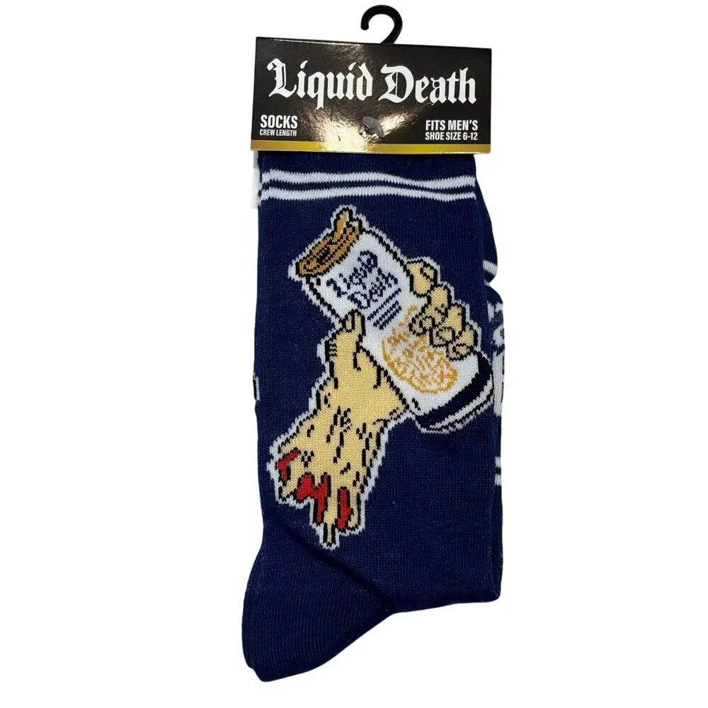 Liquid Death Crew Socks Fits Mens 6-12 Navy White Novelty Print 1 Pair NWT